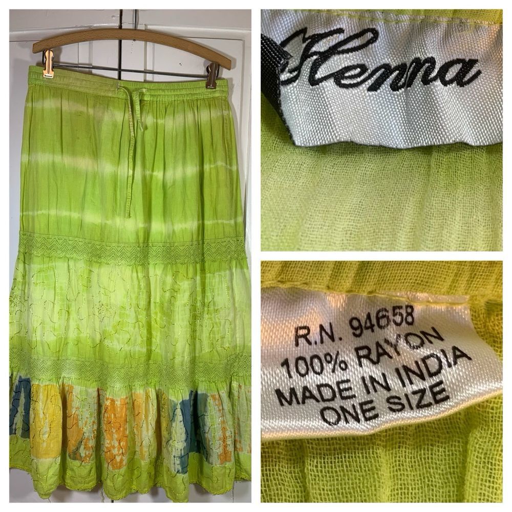 Boho Hippie Bohemian Maxi Long Skirt OS Tiered Pull On Broomstick Embroidered